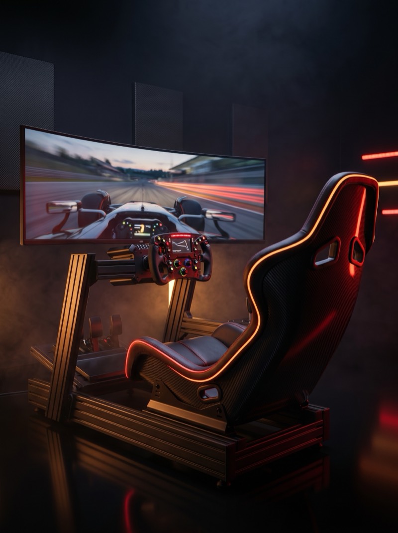 APEX Formula симрейсинг кокпит с легнала седалка, правоъгълен F1 волан и извит UltraWide монитор, осветен в червено